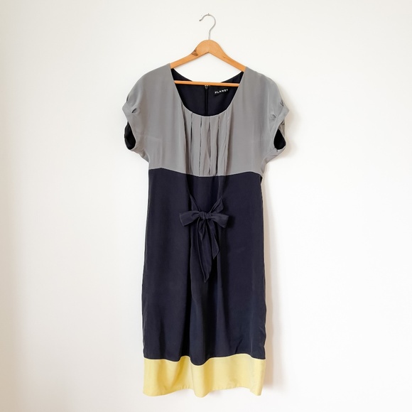 Planet 100% Silk Colour Block Pleated Midi Dress Size 10 - Tie Belt Cap Sleeves - Picture 2 of 14